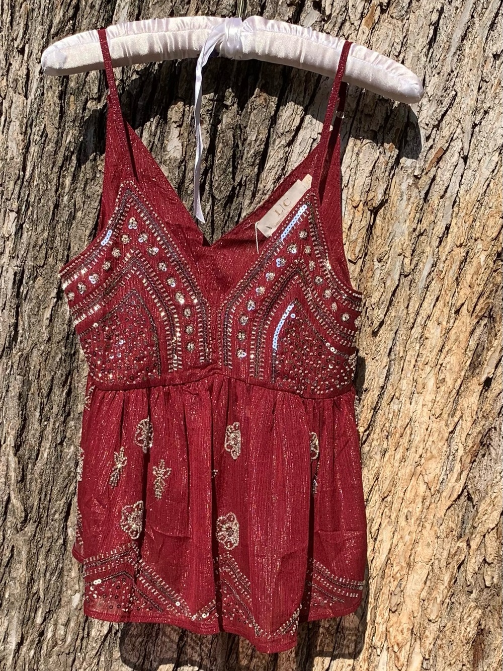 Beaded Wine Red Embellished V-Neck Camisole